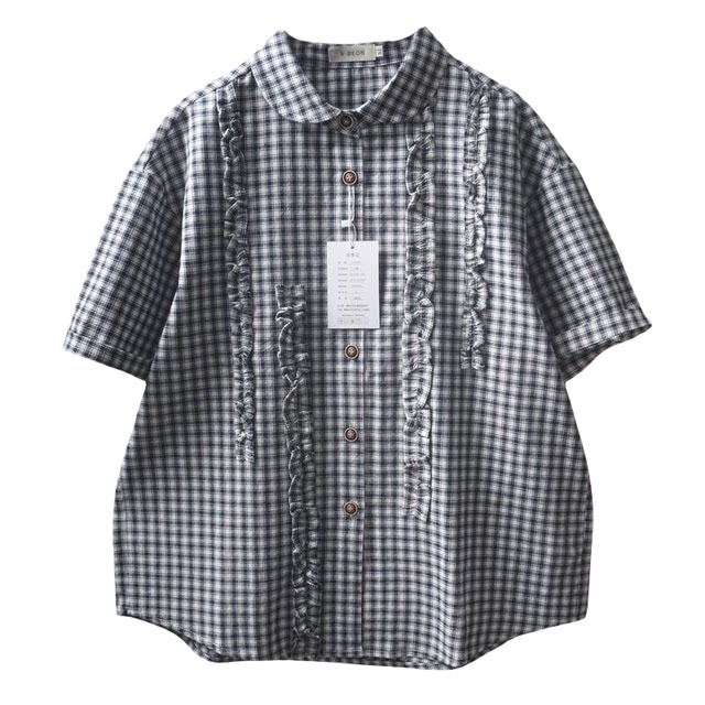 Ruffled Yuanbao doll collar short-sleeved plaid shirt for women