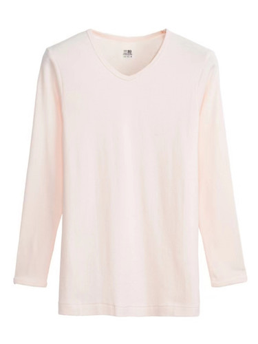 三枪女士全棉打底衫女生黑色长袖V领纯棉薄款圆领修身内搭秋衣裤 - 图3