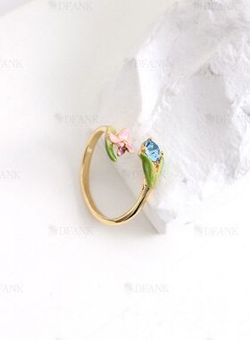 粉紫色鸢尾花锆石戒指开口可调节