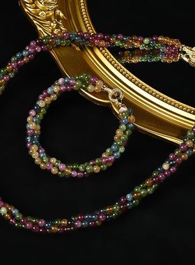 手链玉石项链翠玉天然玫红色玉套装麻花锁骨项链翠绿色彩色巴山链