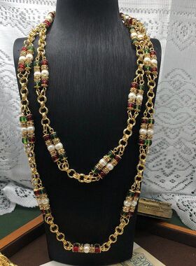 日常女琉璃绿色石钻圈红毛衣链长