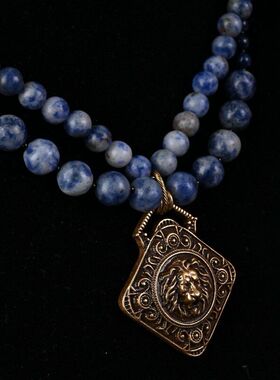 复古中古蓝色玛瑙珠珠青金石双色叠戴霸气狮子头吊坠项链配饰