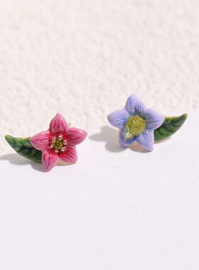 茄梦茉语系列红色蓝色花朵耳钉
