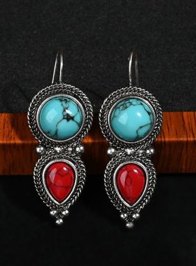 珍珠藏银耳钩民族风纯银松石淡水复古蓝项链耳饰天然纯手工套装