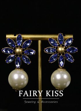 清新精致花朵玻璃珍珠耳环密镶满钻复古做旧 青岛vintage中古饰品