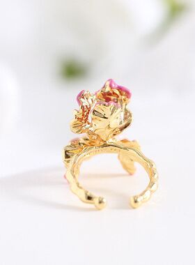 粉色鸢尾花开口戒指女指环珐琅
