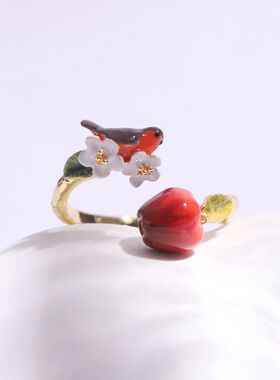 简约轻奢小众女金属食指戒果色物语系列知更鸟与红苹果开口戒指