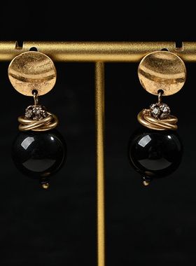 重工缠丝珠黑色贝壳琉璃百搭耳饰珍珠复古毛衣链项链双层轻奢小众