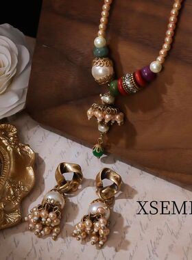 古风汉服项链配饰红色民族风女项链耳饰套装