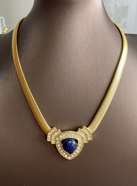 JOMAZ复古气质三角青金石镶嵌闪钻铜镀真金蛇骨链短款项链女素金