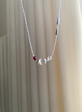 天然全净体白水晶编绳项链紫灰色石榴石吊坠锁骨链s925银扣可调节