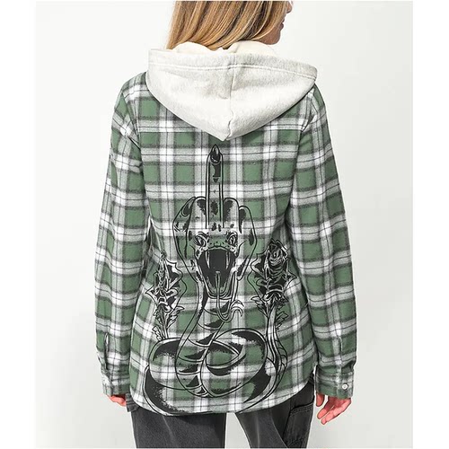 外贸原单Bro*ken破碎的承诺獠牙休闲宽松连帽法兰绒绿衬衫 1211 - 图2