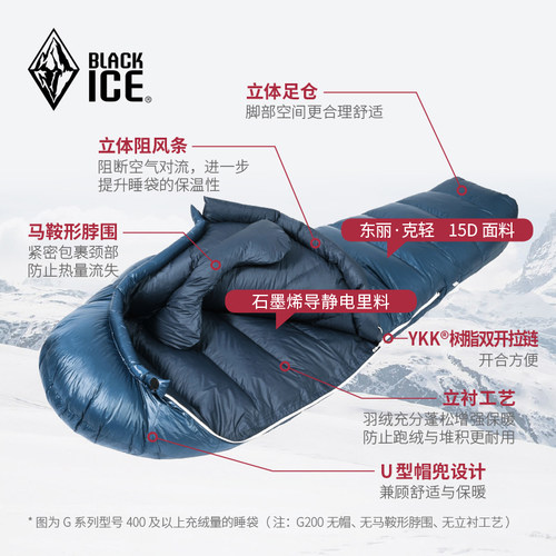 黑冰鹅绒睡袋G400/G700/G1000/G1300成人羽绒户外登山露营防寒冬 - 图1