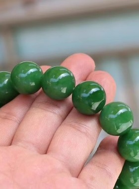 【小胡子玉器】和田玉 山流水 碧玉 菠菜绿 16mm 圆珠 手链