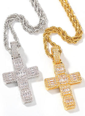 欧美百搭十字架吊坠 微镶方锆嘻哈项链潮流街舞个性情侣饰品