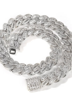 欧美多色嘻哈手链时尚15MM铜镶T方锆石迈阿密古巴项链男士锁骨链