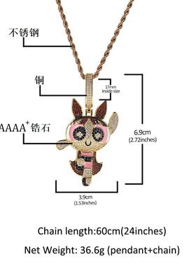 欧美动漫卡通飞天小女警同款吊坠铜镶彩色锆石嘻哈个性潮男女项链