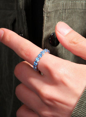 欧美百搭时尚一排嘻哈戒指情侣款小众冷淡风海蓝锆石指环hiphop