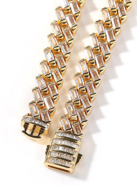 欧美12mm条形古巴链T方锆石嘻哈项链弹簧扣宝石手链百搭情侣饰品