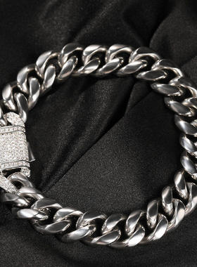 欧美不锈钢古巴链嘻哈项链情侣潮流锆石手链弹簧扣夸张粗款锁骨链