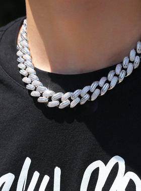 欧美15mm嘻哈锆石男士手链方圆锆拼接个性古巴项链hiphop潮锁骨链