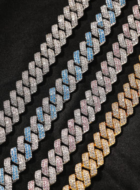 13mm嘻哈古巴链个性紫色钻条形项链百搭男女潮手链铜镶锆石锁骨链