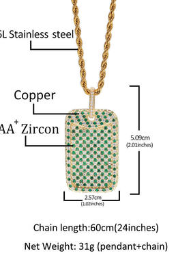 原创设计嘻哈重工绿色锆石军牌吊坠几何方形ins情侣网红个性项链