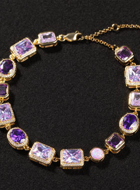 时尚轻奢高级感手链10mm几何型铜镶紫色宝石项链男女嘻哈潮流饰品