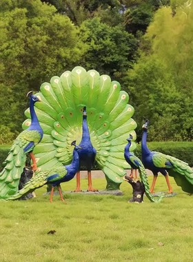 户外大号仿真开屏孔雀摆件玻璃钢动物雕塑户外花园摆件庭院装饰品