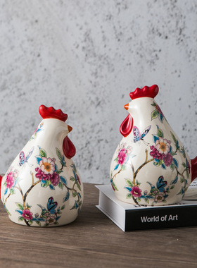 包邮美式复古陶瓷手工彩绘公鸡工艺品客厅玄关电视柜家居陶瓷摆件