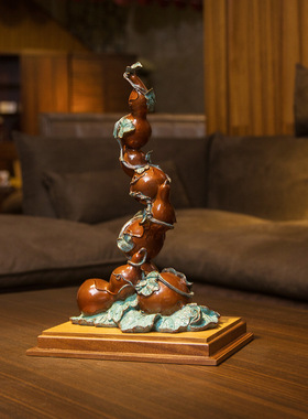 铜欣祥黄铜葫芦摆件吾福家居办公室铜中式装饰工艺品铜制铜钱手工