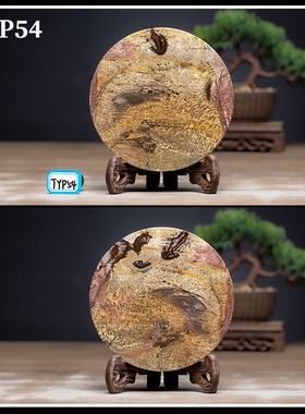 广西草花石国画石奇石11.8CM上漆大圆片薄片茶杯垫摆件TYP51-100