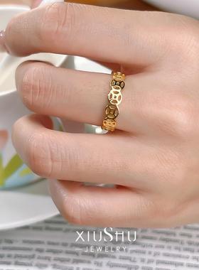 中古风铜钱925银镀金排戒