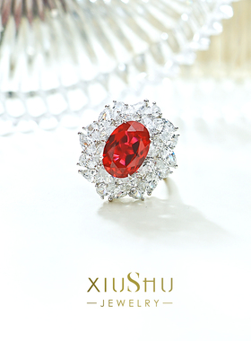 精工鸽血红色925纯银花朵戒指