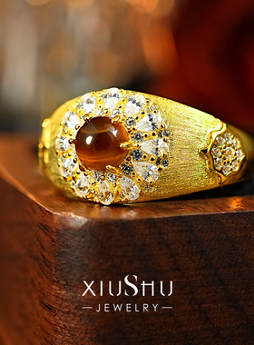 虎眼石925纯银时髦排钻戒指