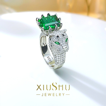 Heavy work artificial progenitor green leopard 925 pure silver ring studded with high carbon drill full-drilling temperament small crowddesign 100 lap