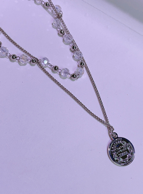 【清仓】原创设计双层精致仙女风水晶铜镀白金手作短项链女王牌