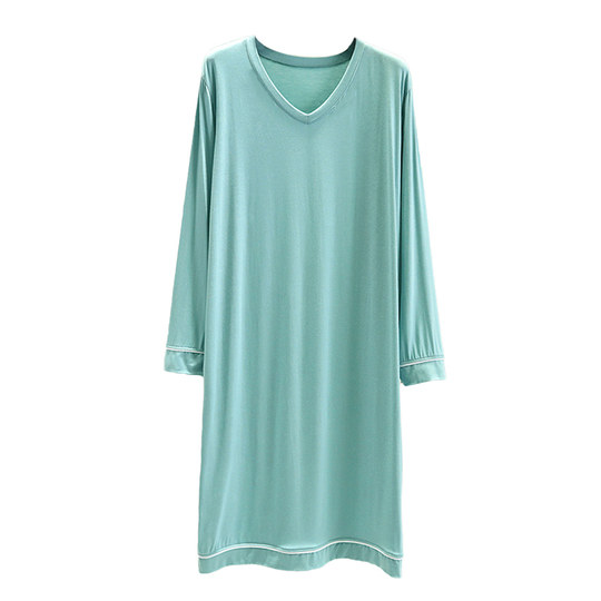 莫代尔V领长袖连衣裙女春夏季宽松显瘦休闲长裙大码薄款居家睡裙