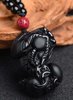 正品黑曜石貔貅吊坠皮休项链男女