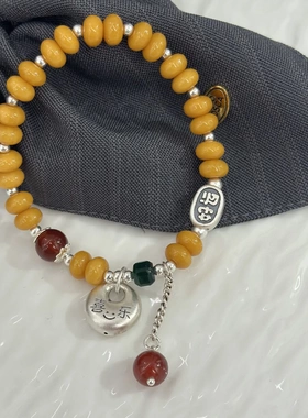 新中式S925纯银喜乐平安扣好运蜜蜡手串好运连连转运红玛瑙手链