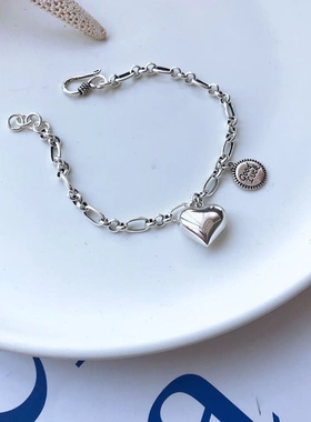 爱心圆牌韩国东大门S925纯银复古做旧时尚百搭ins小众设计女手链