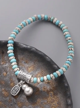 999足银招财纳福串珠手链女国风设计手工弹力绳菩提松石手饰B6396