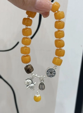 新中式马上有钱蜜蜡手串原创S925纯银轻奢小众八方来财弹力绳手链