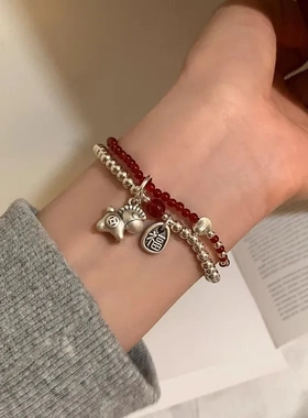 马上有钱S925纯银小马吊坠双层手链红玛瑙轻奢小众精致手饰高级感