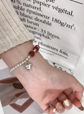 s925纯银国潮红色珠砂女手链小众设计感银珠手串手工饰品串珠配饰