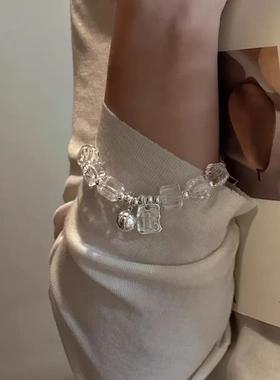 韩版S925纯银小众设计感天然白水晶方牌手链时尚INS风弹力绳手饰