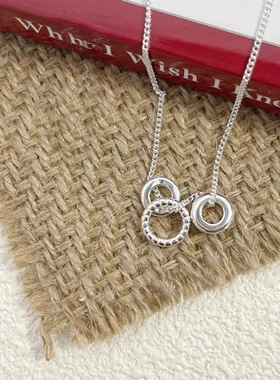 韩版S925纯银简约个性三个圆环吊坠项链女ins风小众设计锁骨链
