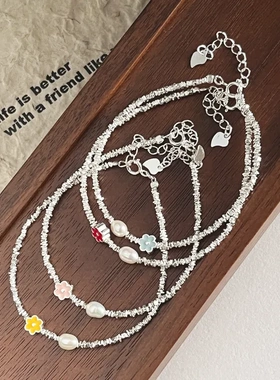 925纯银碎银子天然珍珠花朵手链女手工设计森系甜美气质手环B3338