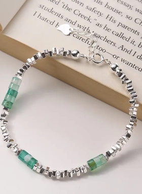 s925纯银东陵玉碎银子手链女生手环手工同款饰品女