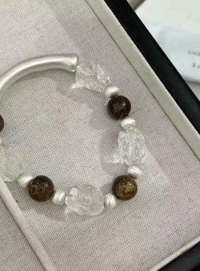 原创999足银天然白水晶弯管手串男女款沉香檀木弹力绳串珠手链